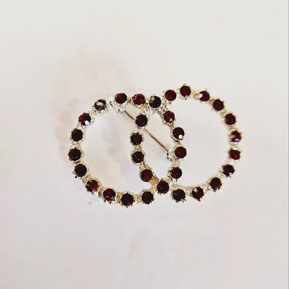 Vintage Red Burgundy Rhinestone Studded Silver Tone Circle Open Work Pin Brooch